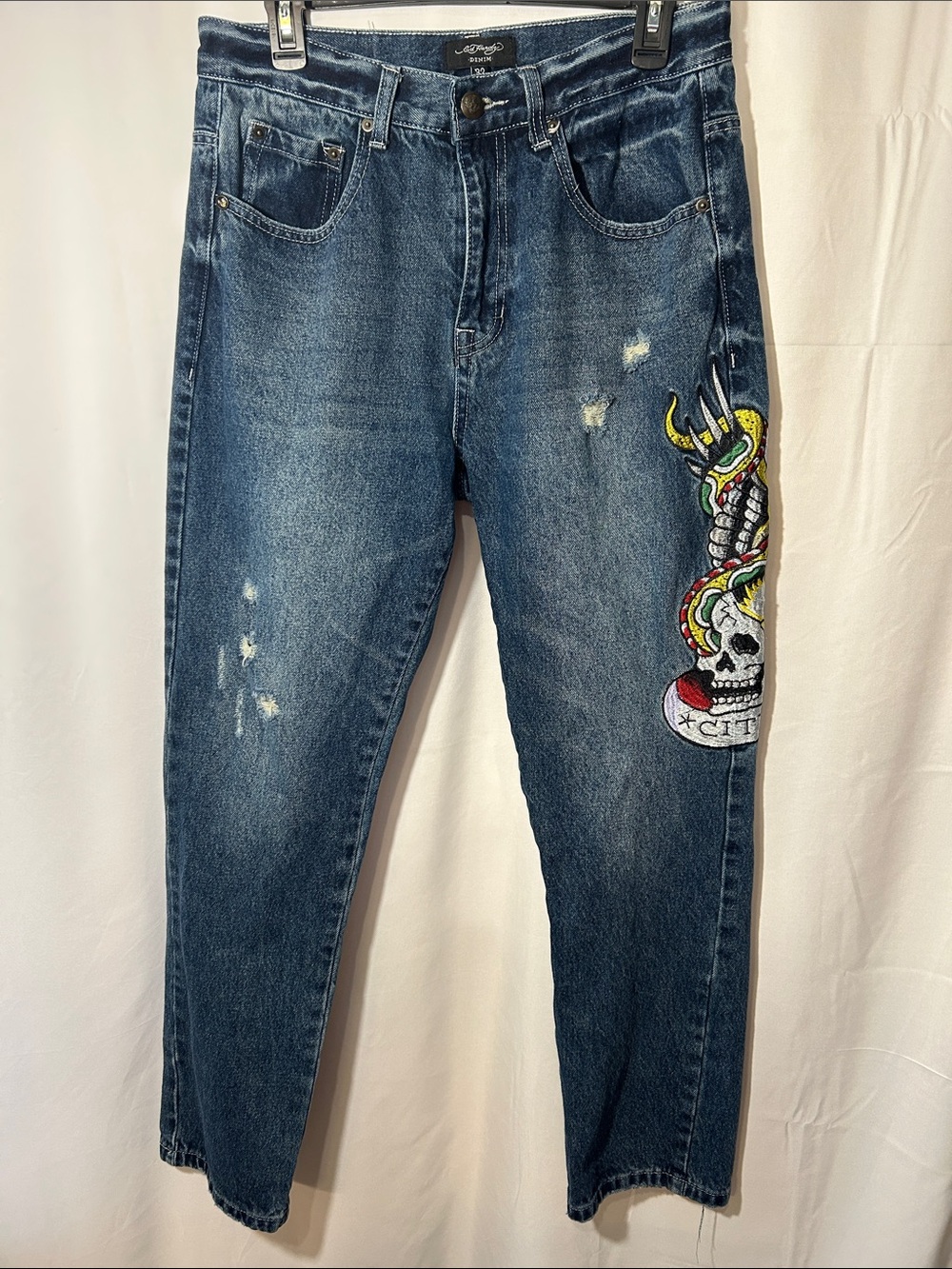 Ed Hardy by Christian Audigier Straight Jeans with Embroidered Artwork. Y2K